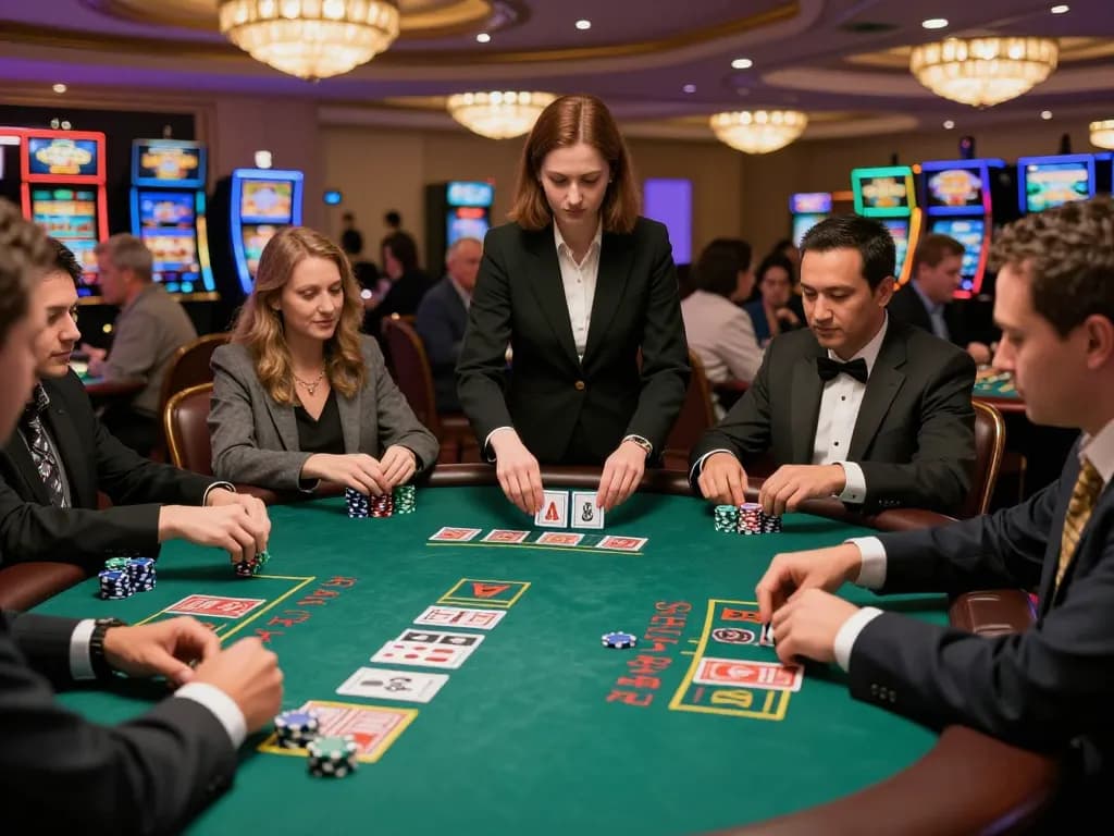 Tg88 blackjack players strategizing at a casino table illuminated by soft chandelier light