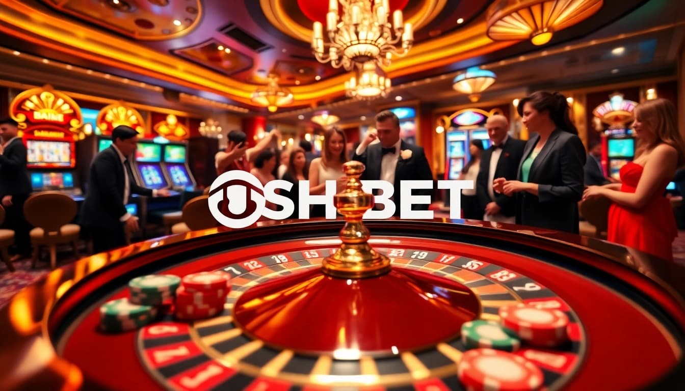 SHBET casino scene featuring exciting gameplay, roulette table, and vibrant slot machines.
