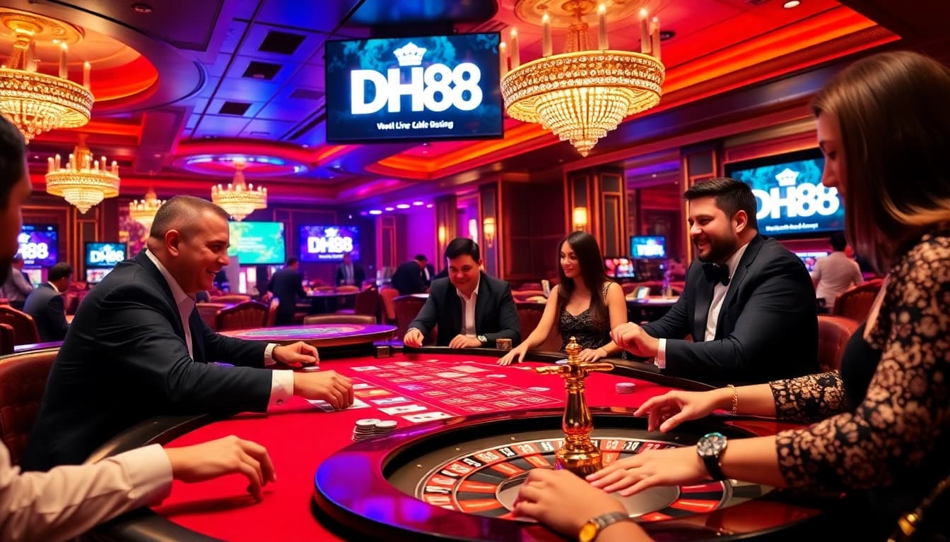 Experience the thrilling action at DH88 casino tables filled with poker chips and players capturing excitement.