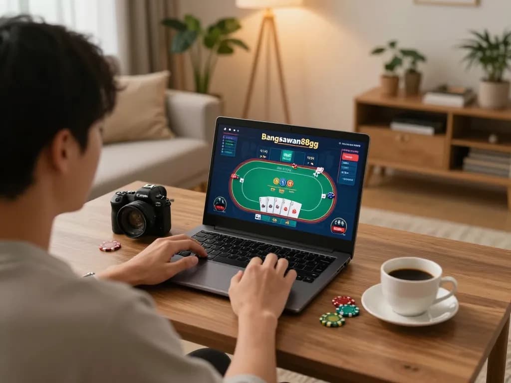 Bangsawan88gg player engaging in online casino poker at home with focused strategy.