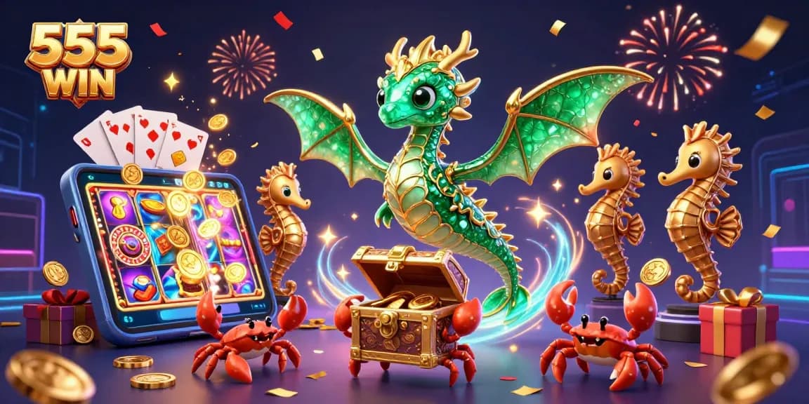 Experience the excitement of 555 WIN with a dynamic illustration featuring a sea dragon and a vibrant slot game