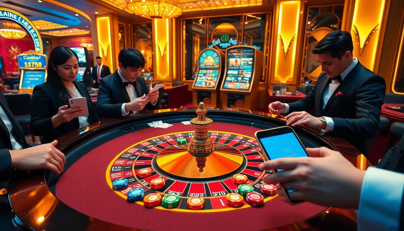 Engaging players at a roulette table showcasing their excitement for game bài đổi thưởng with chips and cards.