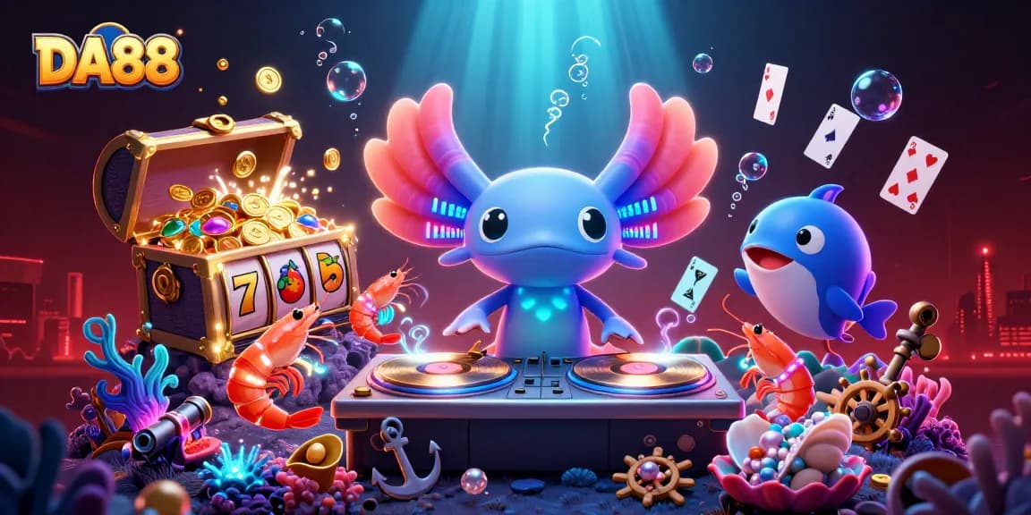 Experience thrilling DA88 casino action with an axolotl DJ and vibrant undersea treasures