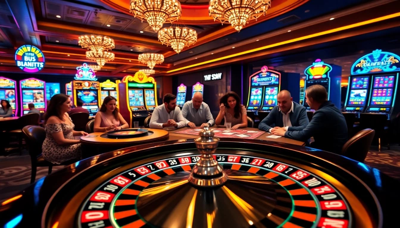 Gamblers enjoying a lively casino atmosphere at https://f1686s.com/ with roulette and poker tables.