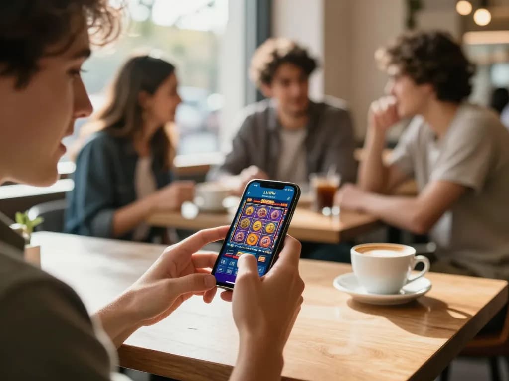 Player enjoying LLWIN mobile app in café, capturing the excitement of online gaming.