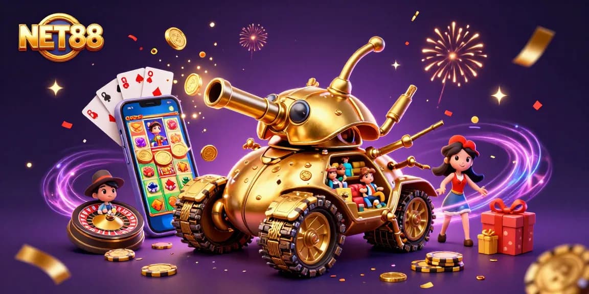 Engage with NET88's vibrant casino scene featuring a golden beetle tank and dynamic gaming elements.