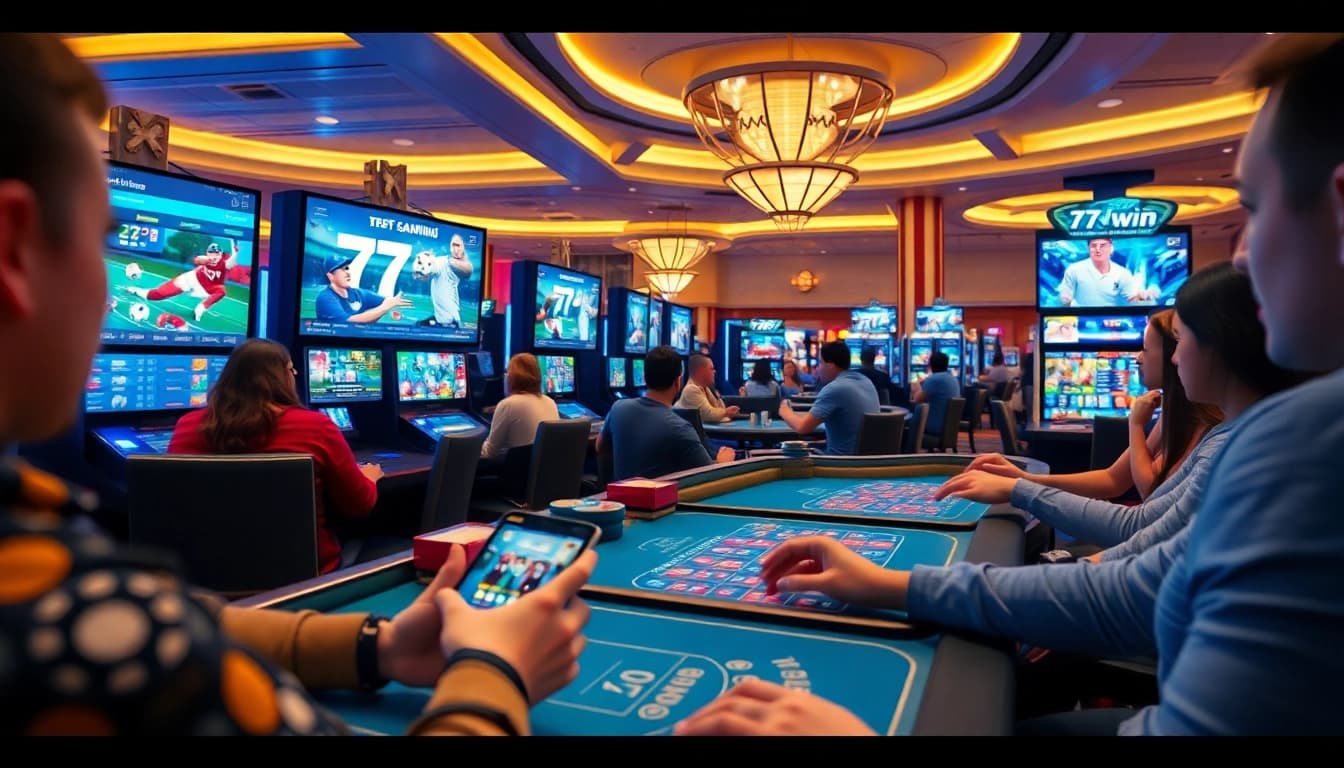 77win online gaming scene with vibrant casino atmosphere and engaging betting activities.
