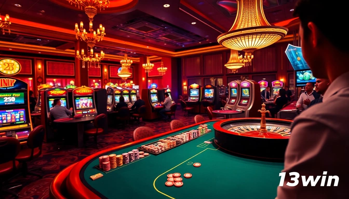 Betting at 13win casino table featuring poker chips and vibrant slot machines.