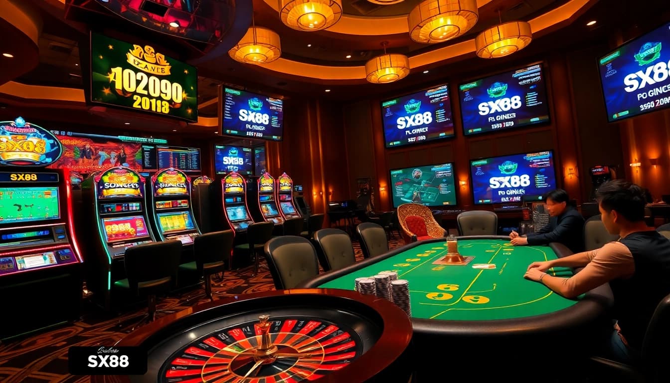 SX88 players engaging in a high-stakes poker game at a luxurious casino table, surrounded by vibrant slot machines.