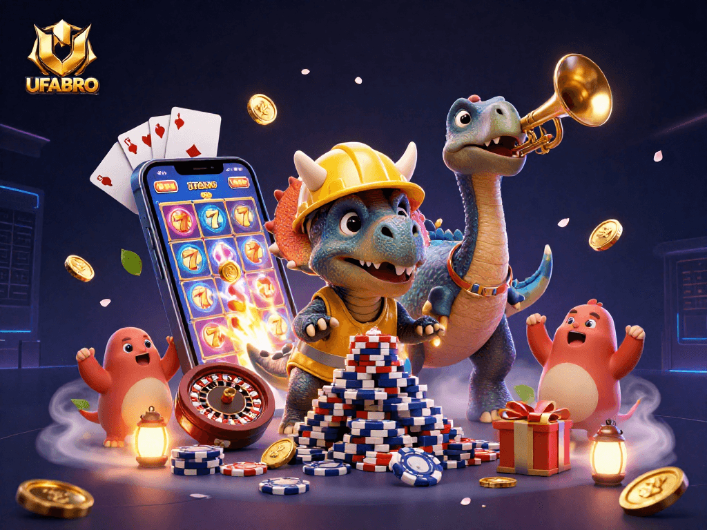 A dynamic scene of UFABRO featuring a playful triceratops building poker chip pyramids amidst casino elements celebrating wins.
