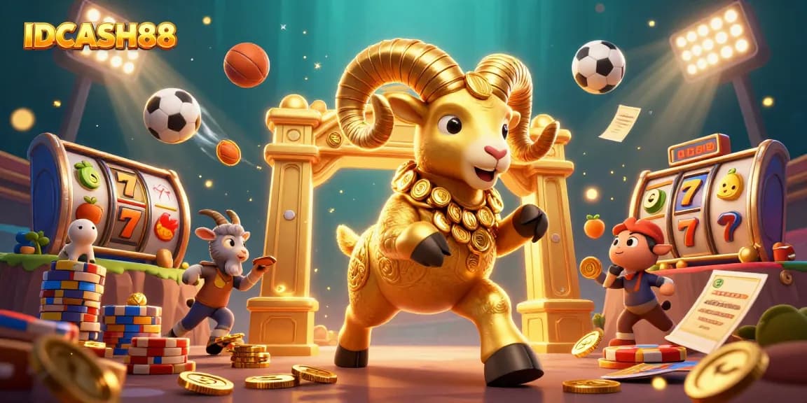 Bet big and win with IDCASH88, featuring a vibrant 3D casino illustration of slot machines and sports elements.