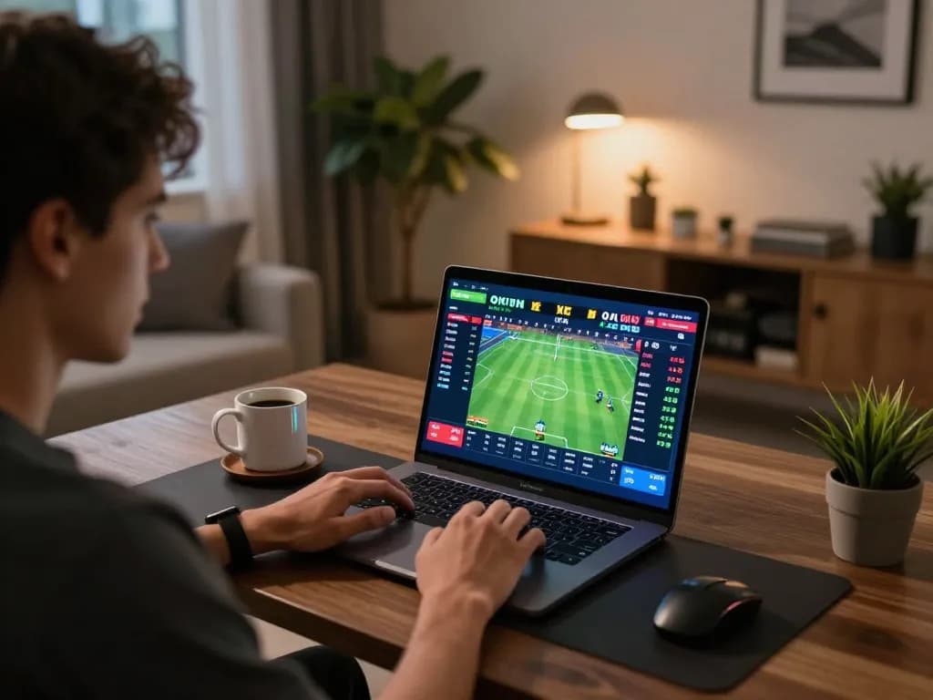 FABET user placing strategic bets on a laptop in a cozy home office setting