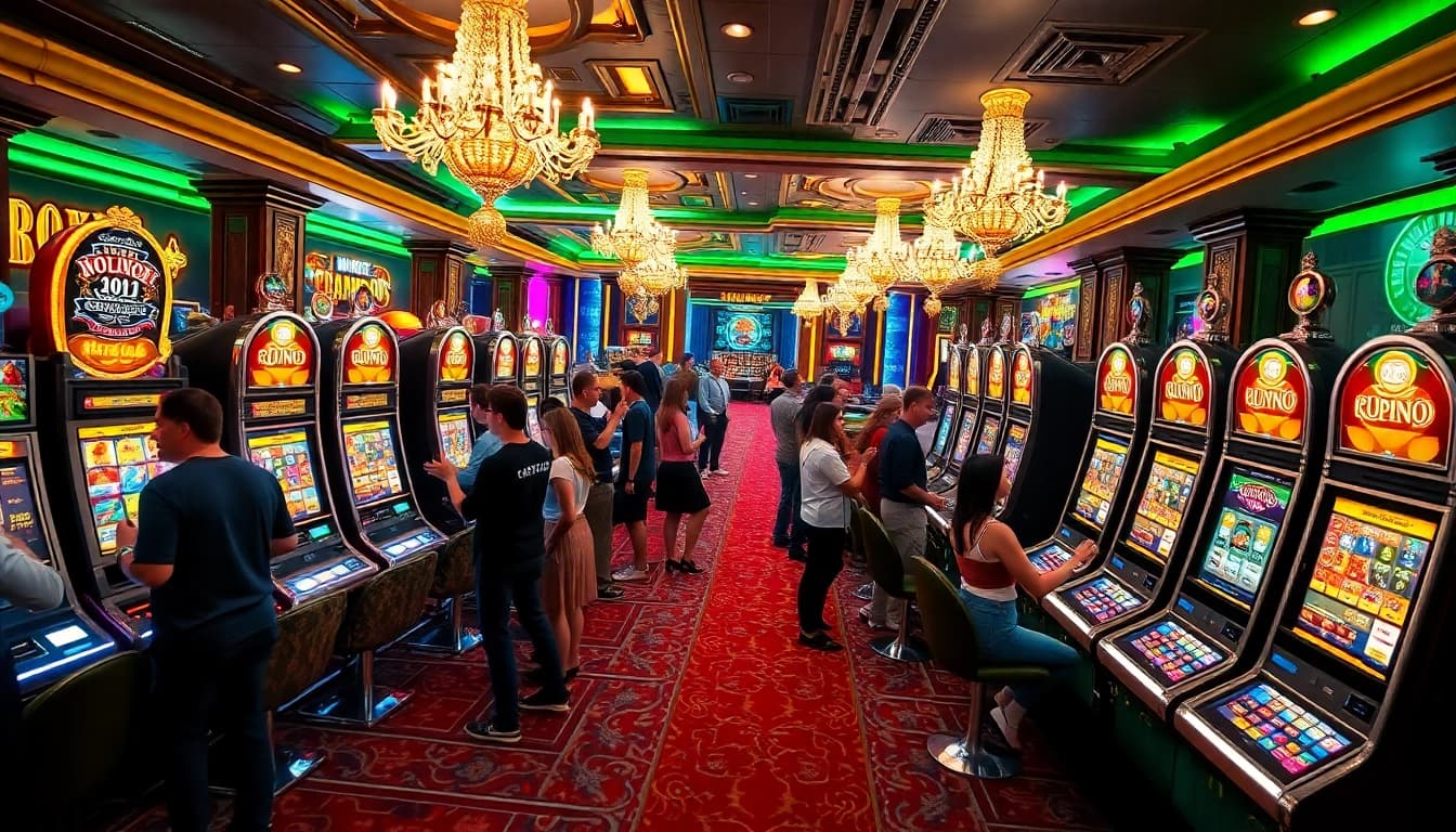 Players celebrating wins at vibrant slot machines in a luxury casino setup.