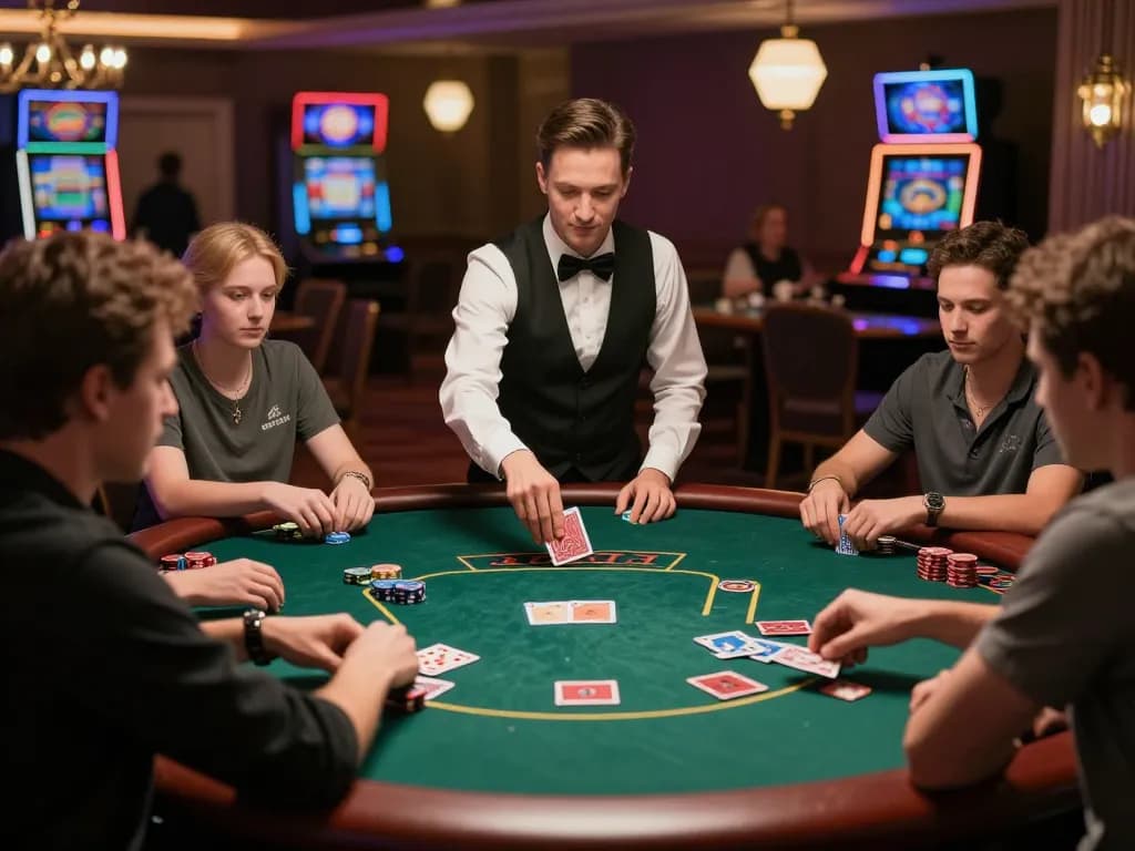 Luck8 players enjoying poker at an upscale casino table, capturing dynamic gameplay.