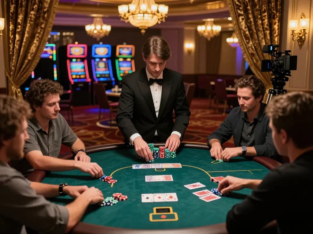 Players engaging in a thrilling poker game at Paris888 casino with colorful chips and cards.