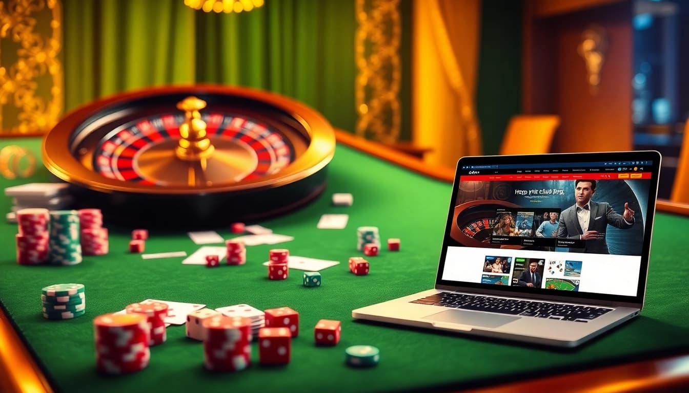 Experience thrilling online gambling at https://hitclub9.us.com/ with a vibrant casino setup featuring poker chips and a roulette wheel.