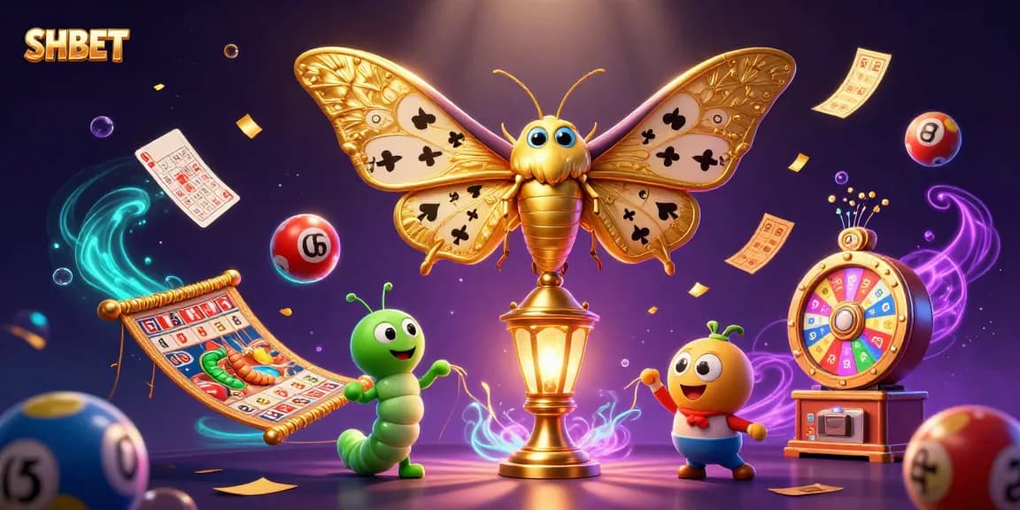 Engage with the vibrant SHBET universe as golden moths and playful lottery balls create a dynamic casino experience.