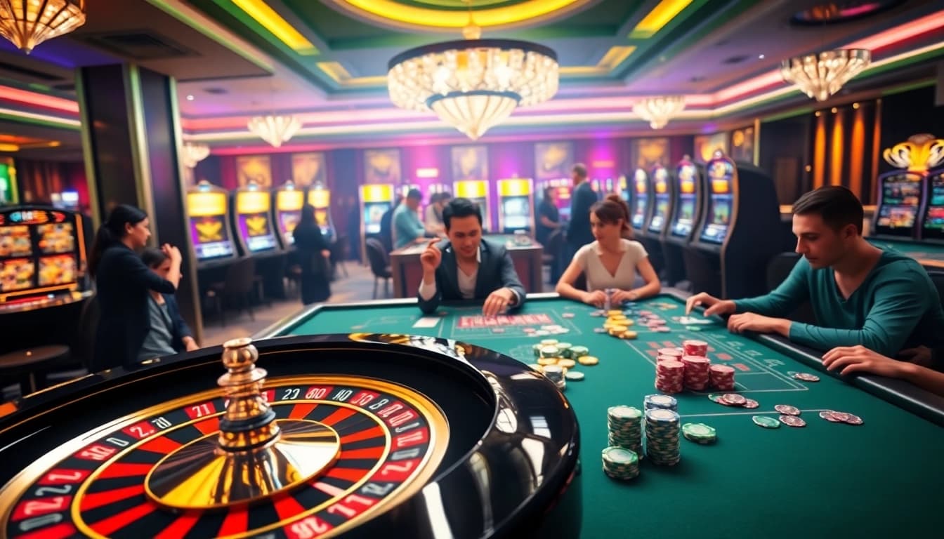 Xin88 players enjoying a thrilling game at a luxurious casino table with vibrant colors.