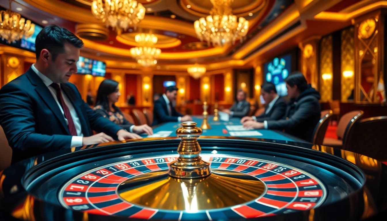 Engaging players experience the thrill of co88 at a luxurious casino roulette table.