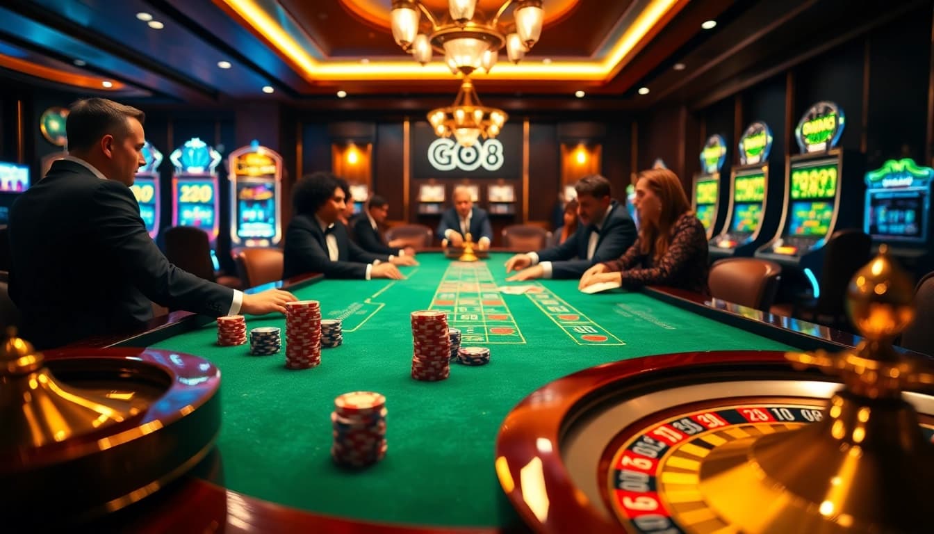 Players strategizing at a luxury gaming table in a casino, capturing the excitement of GO8.