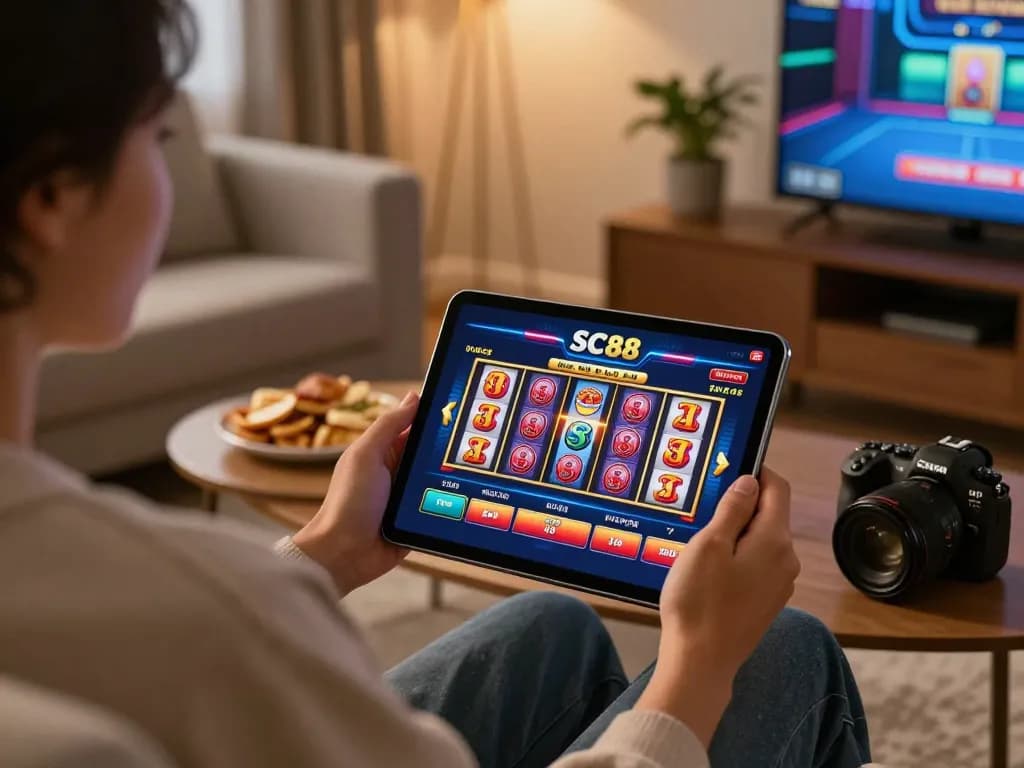 Engaging moment of using SC88 app for online casino gaming in a cozy home