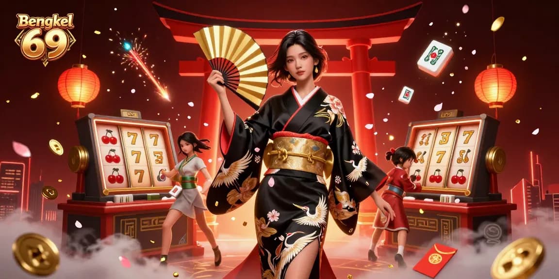 Bengkel 69 unleashes excitement with slot reels and glowing lanterns in a vibrant gambling scene