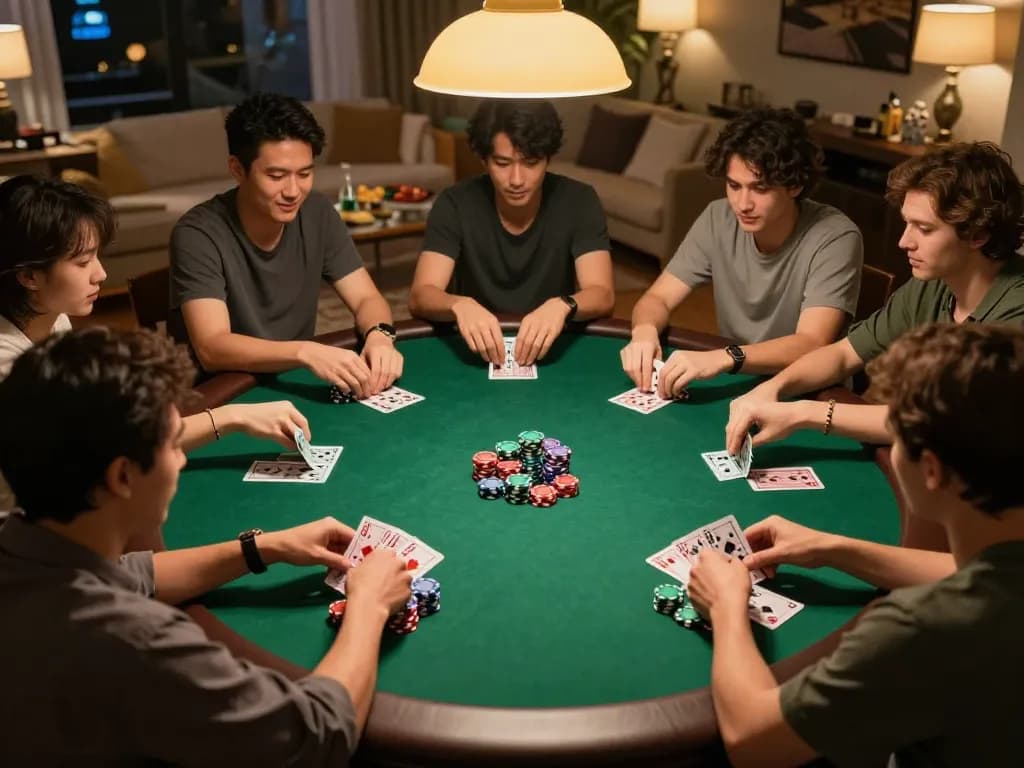 nk88 poker players strategizing in a lively home game setting, colorful chips and cards visible