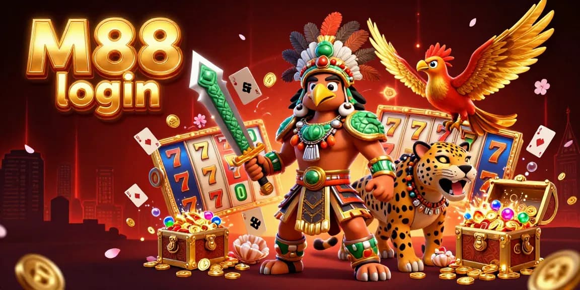 M88 login to experience thrilling online casino action with detailed characters and game elements in this vibrant illustration.