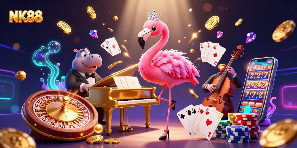 Engage with NK88's vibrant casino scene featuring a flamingo singer and hippo bassist surrounded by dazzling games and rewards.
