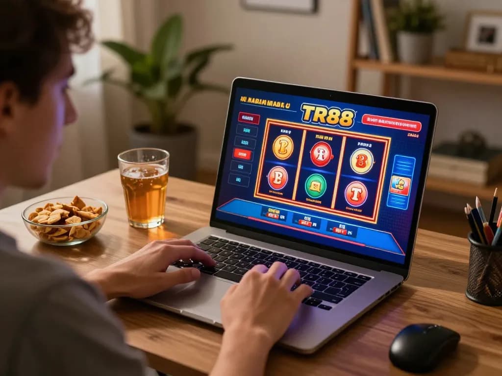Player engaging in exciting online casino games at TR88, showcasing vibrant slots and live dealer tables.