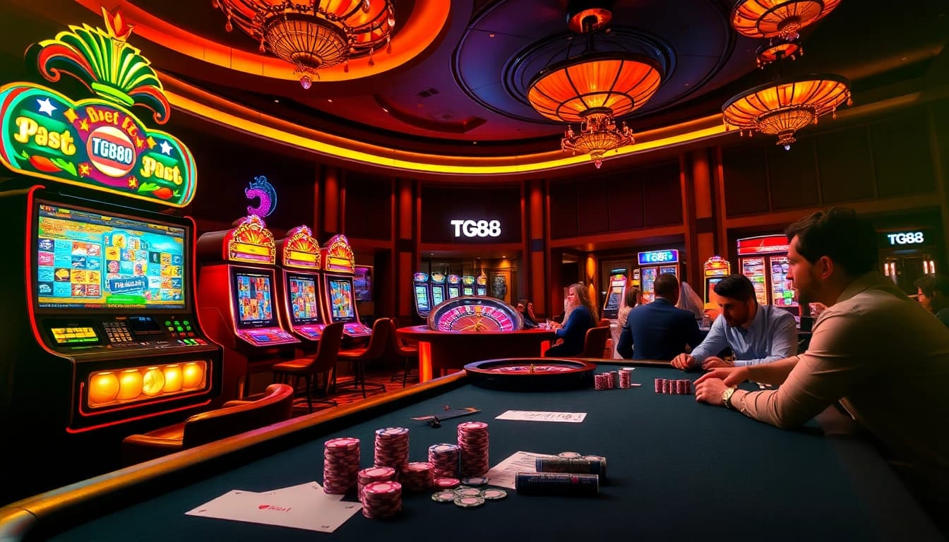 Exciting casino scene showcasing TG88 with players at a poker table and vibrant slot machines.