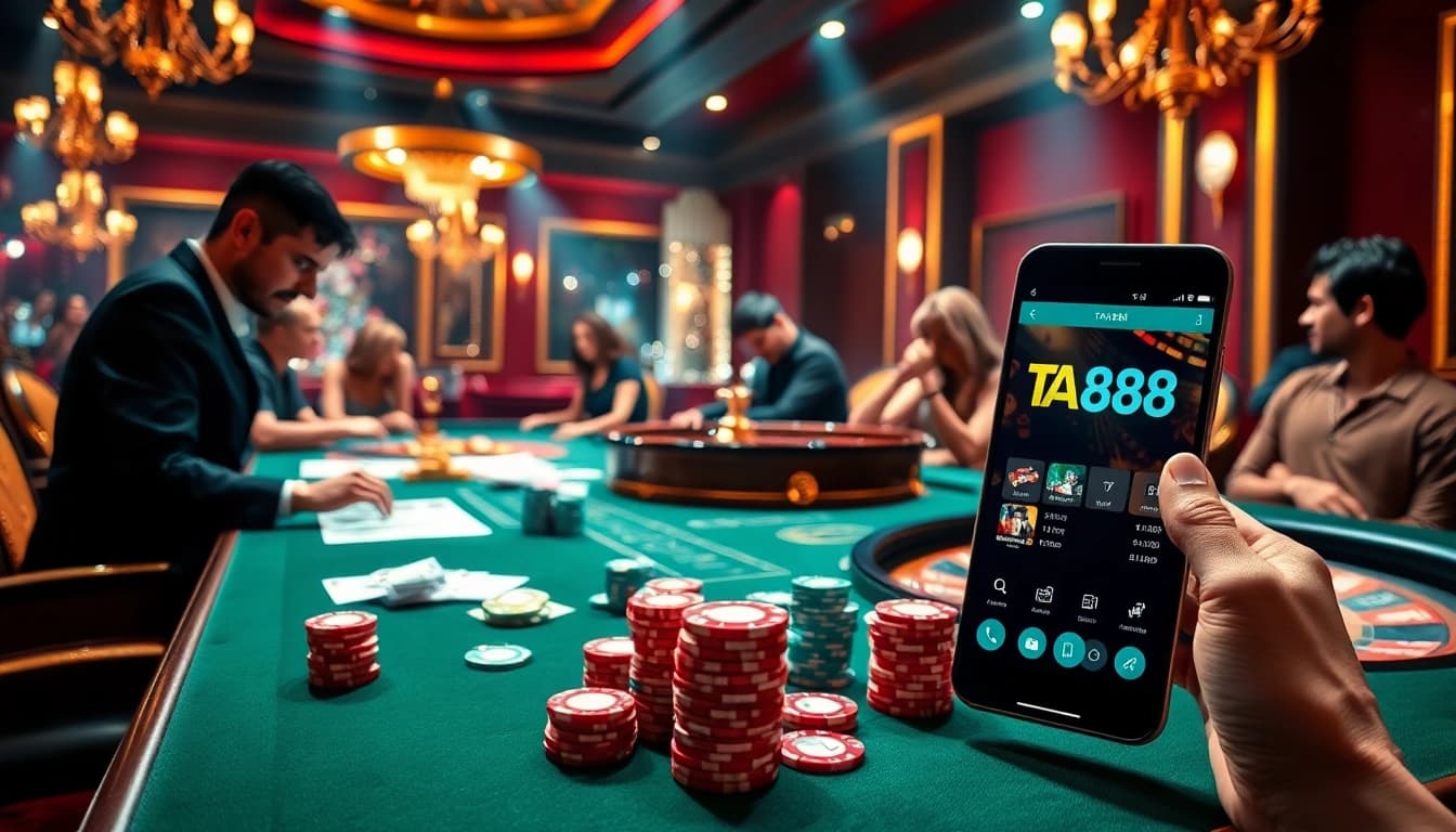 Players enjoying a high-stakes game with the tải ta88 app on a mobile device amidst vibrant casino decor.