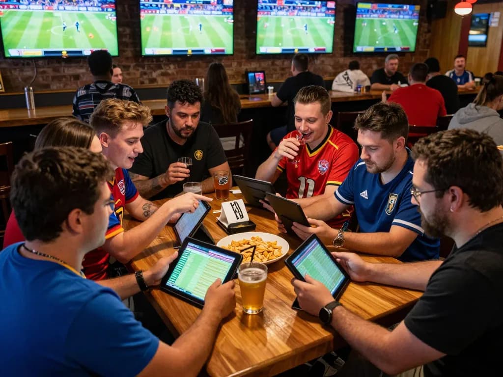 Engaged friends reviewing tỷ lệ kèo nhà cái 5 while watching sports events at a lively bar