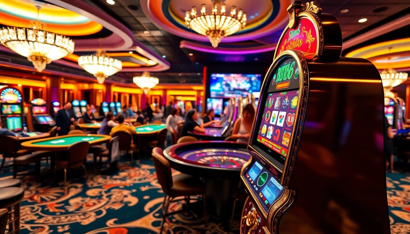 Engaged players at a vibrant casino celebrating their wins with BDTK66-themed slot machines.