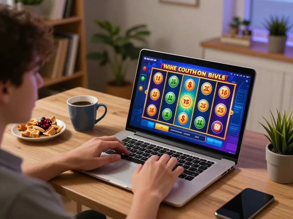 Player engaging in a slot bonus game on a laptop in a cozy home office setting, showcasing online gambling.