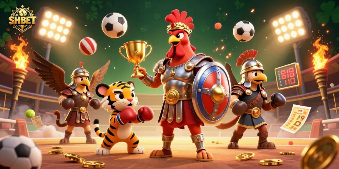 Win big at SHBET with exciting online casino adventures featuring a dynamic 3D scene of a gladiator rooster and sports elements.