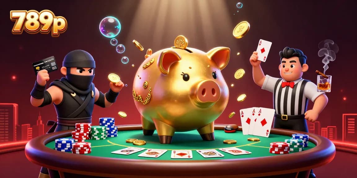 Experience the thrill of 789p with a dynamic 3D illustration featuring gaming elements like poker chips and a golden piggy bank hero.