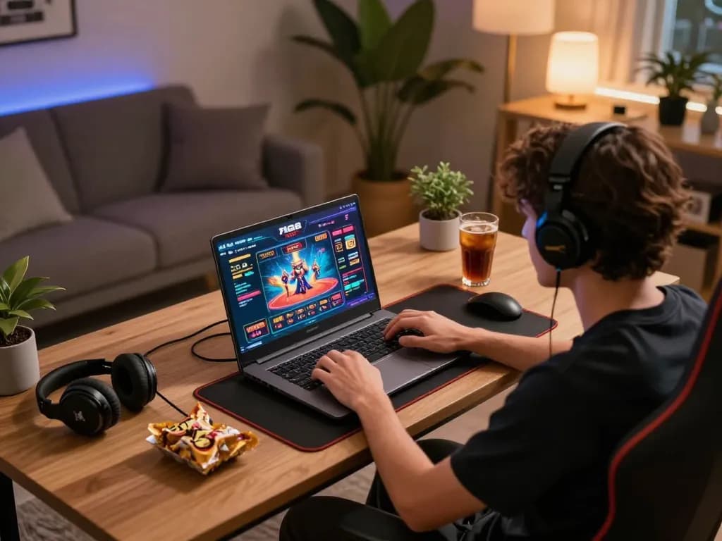 Person engaging with F168 com online gaming platform, showcasing a vibrant gaming interface and cozy atmosphere.