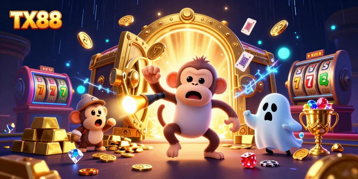 TX88 juggles golden coins and cards in a haunted casino scene with a curious ghost-hunter puppy.