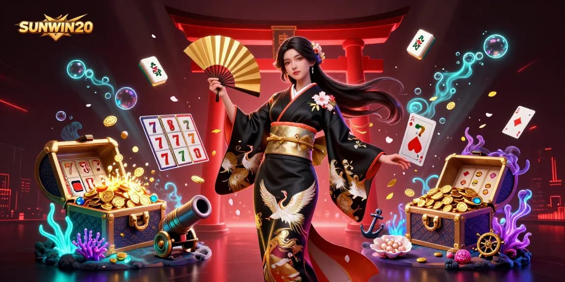 Play exciting games at SUNWIN20 with a photorealistic scene showcasing vibrant slot elements and casino excitement.