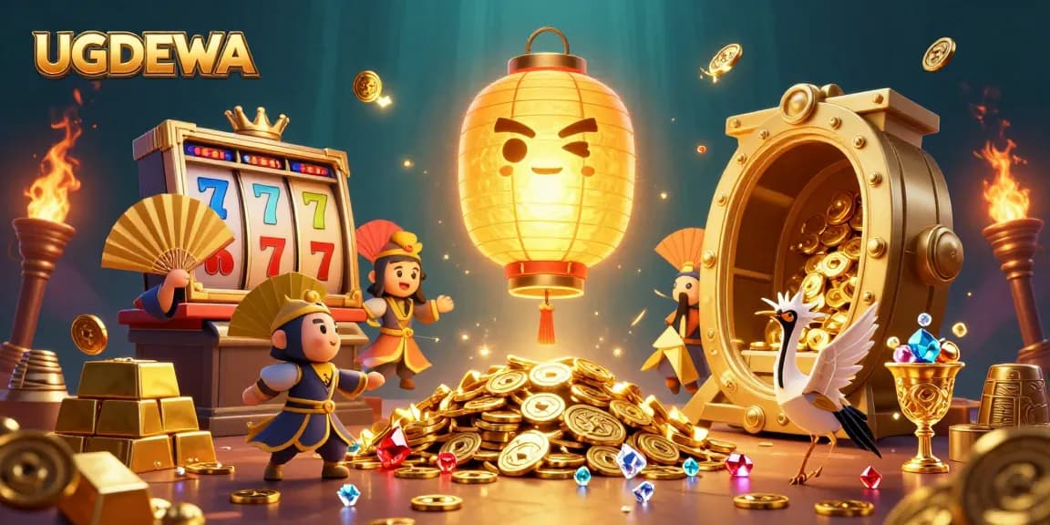 Engage with UGDEWA's vibrant online casino experience featuring golden lantern spirits and rich casino elements.