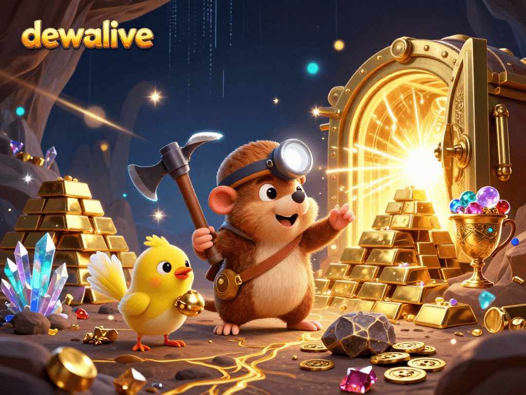 Dewalive menghadirkan petualangan seru miner beruang, menemukan emas dan permata di dunia game online.