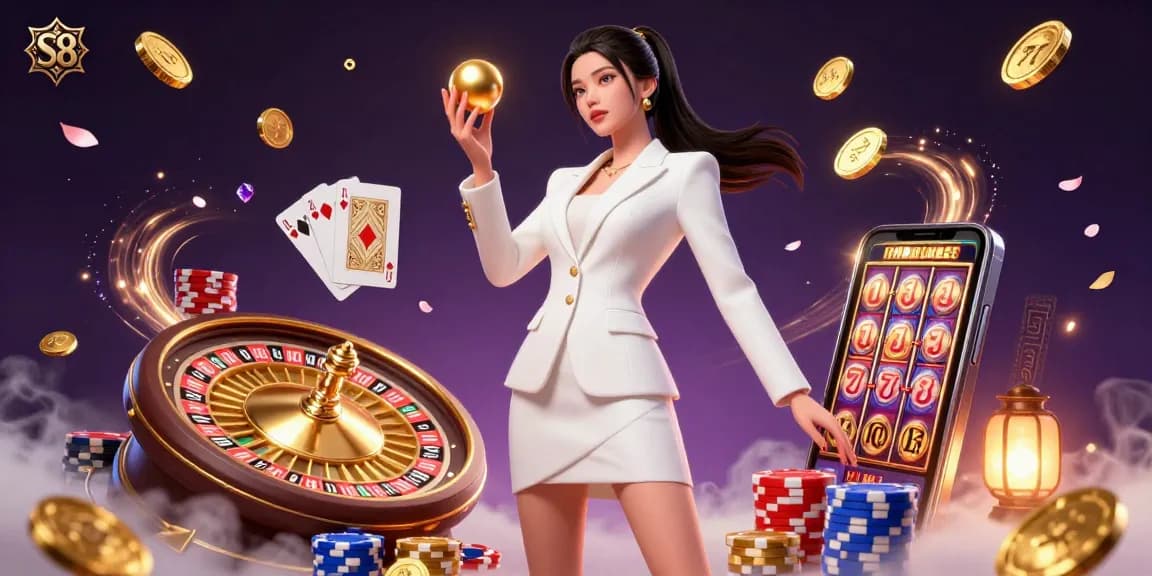 Engage in S8 casino games while winning big with a photorealistic Asian woman holding a golden roulette ball.