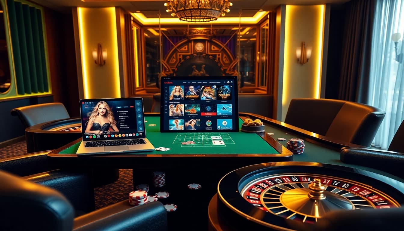 An engaging online gambling scene with a focus on rr88.pizza, featuring luxurious casino elements and gameplay excitement.
