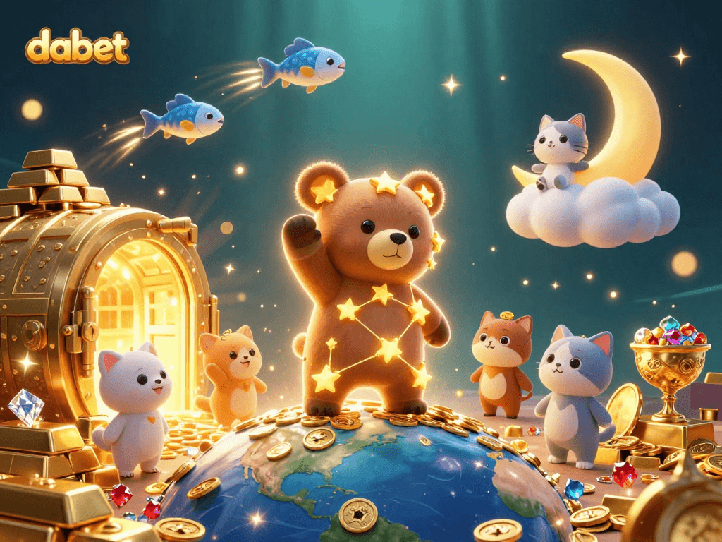 Experience excitement with dabet's 3D cartoon universe showcasing glittering treasures and lively characters.