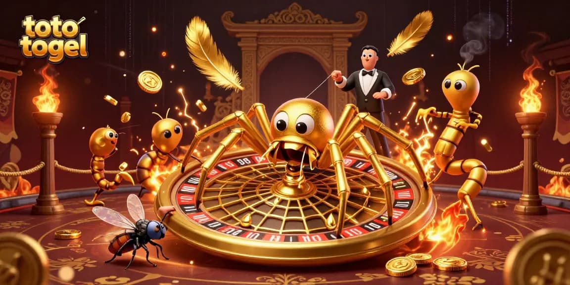 Explore the excitement of toto togel with a cartoon spider and centipede croupier in a vibrant gambling scene.