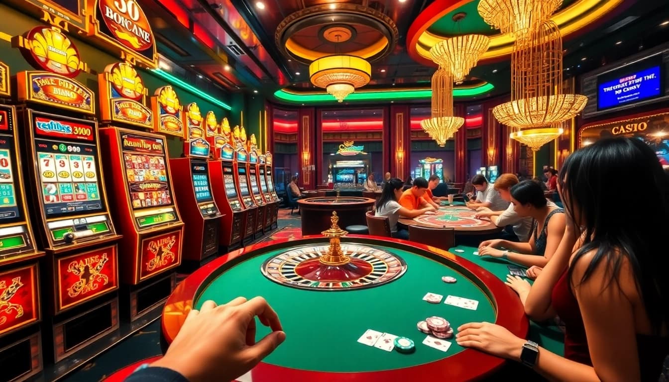 Experience thrilling gameplay at Bin88's luxurious casino with vibrant slot machines and exciting poker tables.