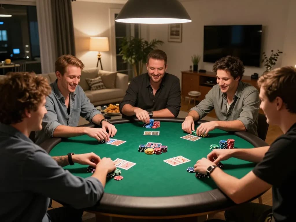 Friends enjoying an engaging poker game at home, showcasing the fun of 88aa gaming sessions with cards and chips.