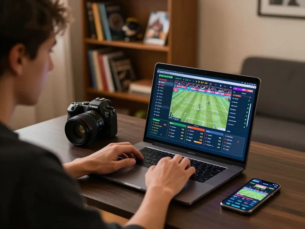 Player engaging in live betting on sports events via laptop at home while using dr88 app for strategy.