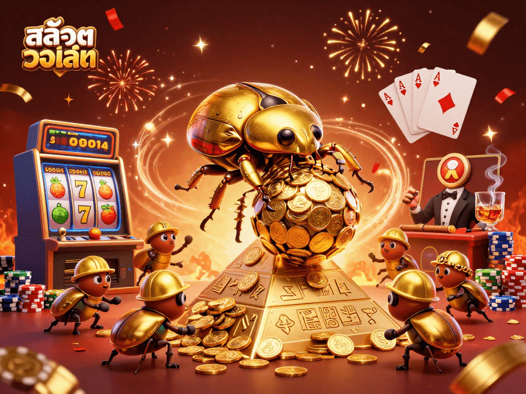 Engage with สล็อตวอเลท showcasing a golden beetle team building wealth with slots and casino symbols